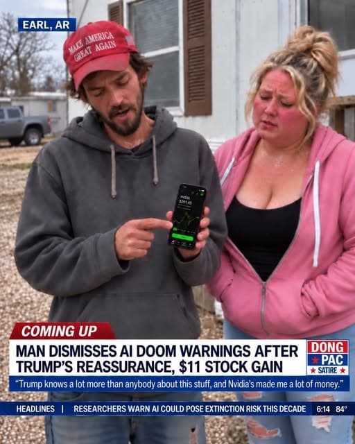 Satirical DONG PAC news graphic from Earl, Arkansas: a man shows his phone beside a woman. Headline: “Man dismisses AI doom warnings after Trump’s reassurance, $11 stock gain.” Quote: “Trump knows a lot more than anybody about this stuff, and Nvidia’s made me a lot of money.” Ticker: “Researchers warn AI could pose extinction risk this decade.”