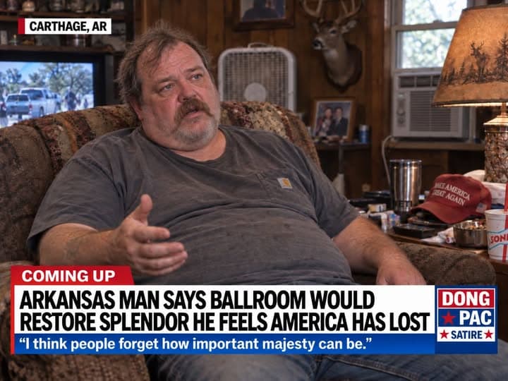 Satirical DONG PAC television interview from Carthage, Arkansas, showing a man seated in a recliner in a wood-paneled living room. Banner: ‘Coming up.’ Headline: ‘Arkansas man says ballroom would restore splendor he feels America has lost.’ Quote: ‘I think people forget how important majesty can be.’