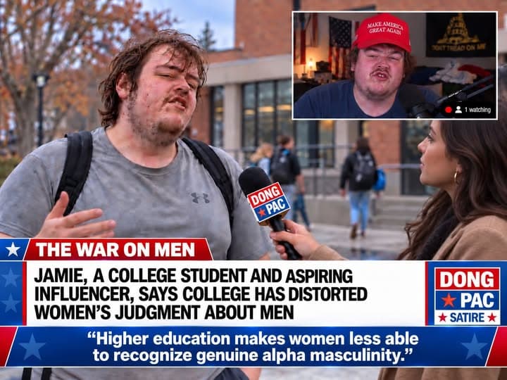 Satirical DONG PAC television interview on a college campus. Banner: ‘The war on men.’ Headline: ‘Jamie, a college student and aspiring influencer, says college has distorted women’s judgment about men.’ Quote: ‘Higher education makes women less able to recognize genuine alpha masculinity.’ An inset shows Jamie wearing a MAGA hat during a livestream with one viewer.