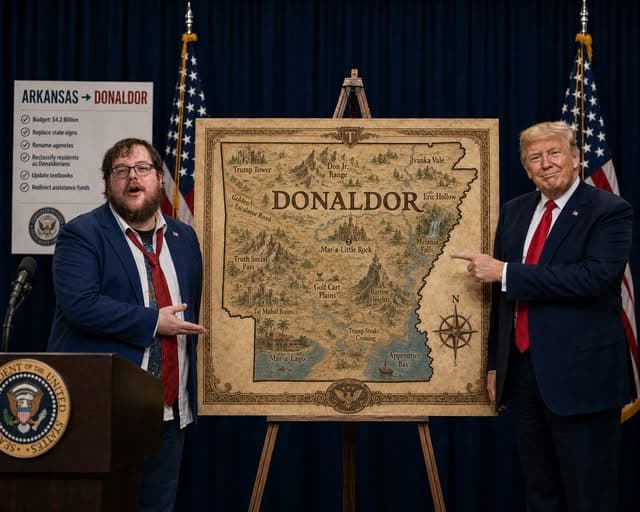 Satirical press conference scene with two suited men presenting an ornate map titled “Donaldor.” A board reads “Arkansas → Donaldor” and lists replacing state signs, renaming agencies, reclassifying residents as Donaldians, updating textbooks, and redirecting assistance funds. The map uses names including Trump Tower, Don Jr. Range, Ivanka Vale, Eric Hollow, Mar-a-Little Rock, and Gulf of Mahi Ria.