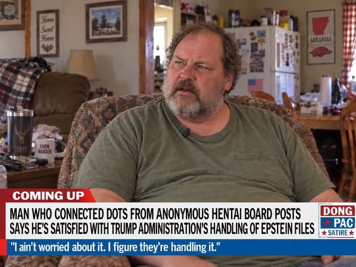 Satirical DONG PAC television interview showing a man in a green shirt seated in an Arkansas-themed living room. Banner: ‘Coming up.’ Headline: ‘Man who connected dots from anonymous hentai board posts says he’s satisfied with Trump administration’s handling of Epstein files.’ Quote: ‘I ain’t worried about it. I figure they’re handling it.’