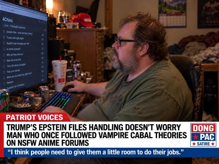 Satirical DONG PAC ‘Patriot Voices’ television graphic showing a man browsing an online forum at a cluttered computer desk. Headline: ‘Trump’s Epstein files handling doesn’t worry man who once followed vampire cabal theories on NSFW anime forums.’ Quote: ‘I think people need to give them a little room to do their jobs.’