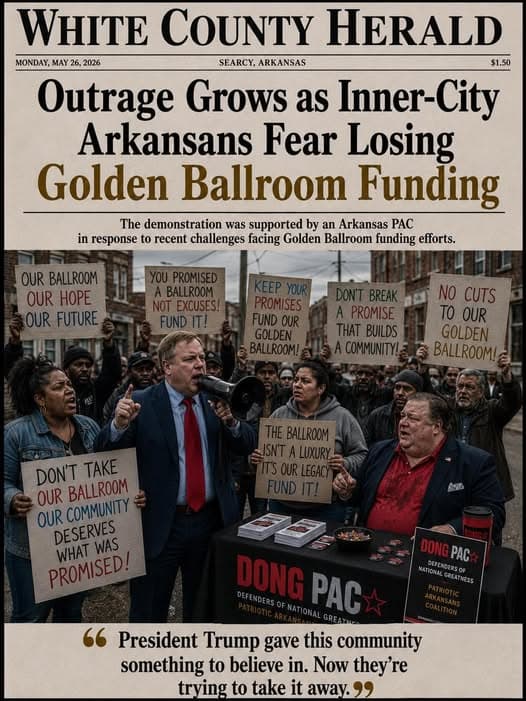Satirical White County Herald front page from Searcy, Arkansas, dated May 26, 2026. Headline: “Outrage Grows as Inner-City Arkansans Fear Losing Golden Ballroom Funding.” A DONG PAC table stands amid protesters carrying ballroom funding signs. Subheading says an Arkansas PAC supported the demonstration in response to challenges facing funding efforts. Quote: “President Trump gave this community something to believe in. Now they’re trying to take it away.”