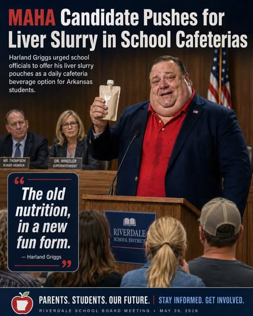 Satirical news graphic: “MAHA Candidate Pushes for Liver Slurry in School Cafeterias.” Harland Griggs holds a pouch at a school board podium. Copy says he urged school officials to offer his liver slurry pouches as a daily cafeteria beverage for Arkansas students. Quote: “The old nutrition, in a new fun form.” Footer: “Parents. Students. Our Future. Stay informed. Get involved.” Riverdale School Board Meeting, May 20, 2026.