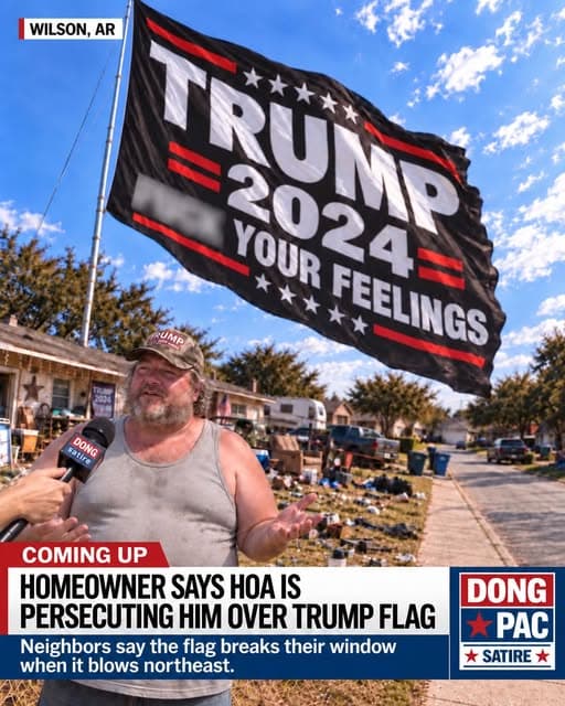 Satirical DONG PAC television report from Wilson, Arkansas. A homeowner is interviewed beneath an enormous Trump 2024 flag. Headline: “Homeowner says HOA is persecuting him over Trump flag.” Subheading: “Neighbors say the flag breaks their window when it blows northeast.”