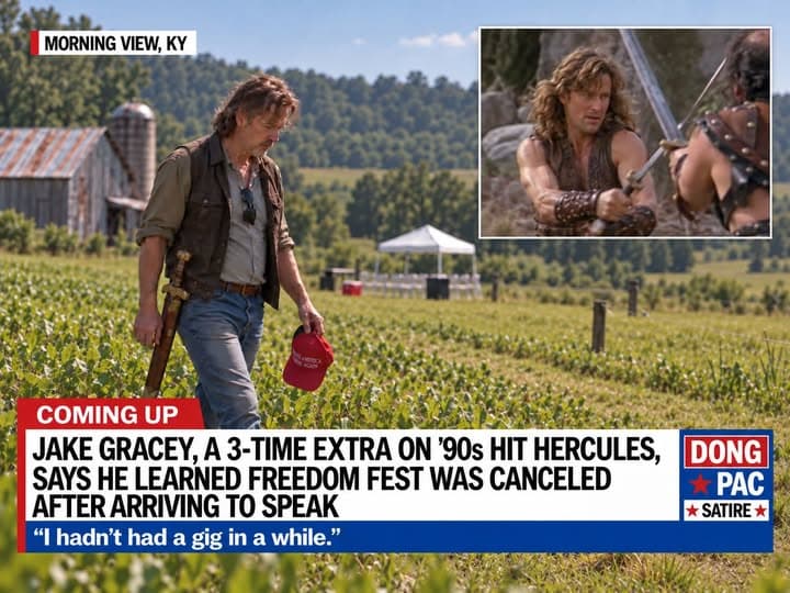 Satirical DONG PAC television graphic from Morning View, Kentucky, showing Jake Gracey walking through a field carrying a red cap, with a sword at his side. An inset shows a sword fight from Hercules. Banner: ‘Coming up.’ Headline: ‘Jake Gracey, a 3-time extra on ’90s hit Hercules, says he learned Freedom Fest was canceled after arriving to speak.’ Quote: ‘I hadn’t had a gig in a while.’