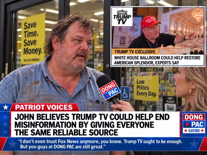 Satirical DONG PAC ‘Patriot Voices’ television interview outside a Dollar General. Headline: ‘John believes Trump TV could help end misinformation by giving everyone the same reliable source.’ Quote: ‘I don’t even trust Fox News anymore, you know. Trump TV ought to be enough. But you guys at DONG PAC are still great.’ An inset labeled ‘Trump TV Exclusive’ shows a man in a red cap beside a ballroom model. Inset headline: ‘White House ballroom could help restore American splendor, experts say.’