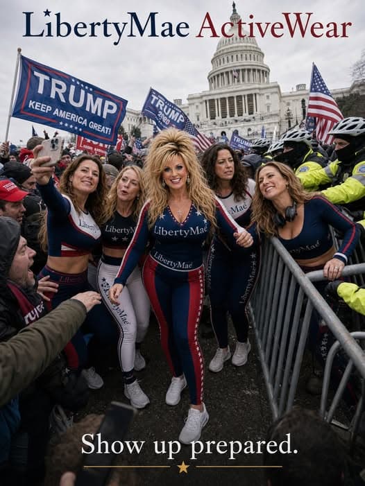 Satirical LibertyMae ActiveWear advertisement showing women in matching patriotic activewear posing among Trump flags and police at a barricade outside the U.S. Capitol. Slogan: “Show up prepared.”