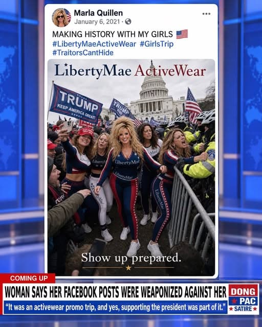 Satirical DONG PAC television graphic showing Marla Quillen’s January 6, 2021 Facebook post: “Making history with my girls,” with hashtags LibertyMaeActiveWear, GirlsTrip, and TraitorsCantHide. The post contains a LibertyMae ActiveWear Capitol crowd advertisement reading “Show up prepared.” Headline: “Woman says her Facebook posts were weaponized against her.” Quote: “It was an activewear promo trip, and yes, supporting the president was part of it.”