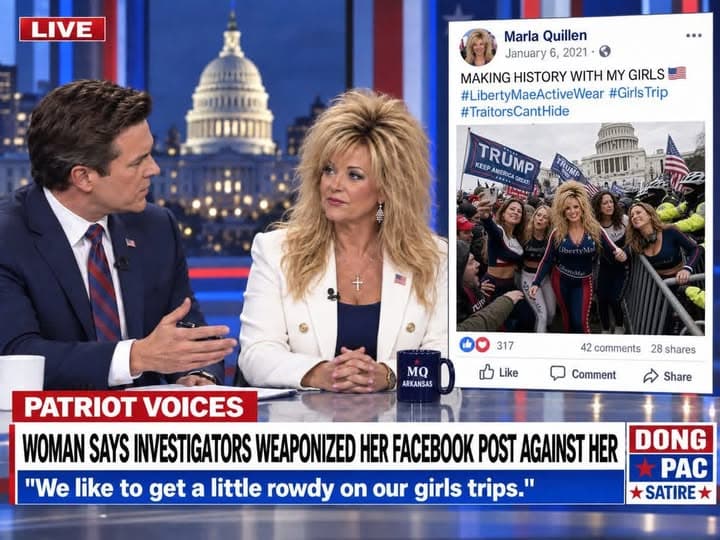 Satirical DONG PAC “Patriot Voices” studio interview. Headline: “Woman says investigators weaponized her Facebook post against her.” Quote: “We like to get a little rowdy on our girls trips.” An inset shows Marla Quillen’s January 6, 2021 Facebook post with a group photo outside the Capitol: “Making history with my girls” and hashtags LibertyMaeActiveWear, GirlsTrip, and TraitorsCantHide.