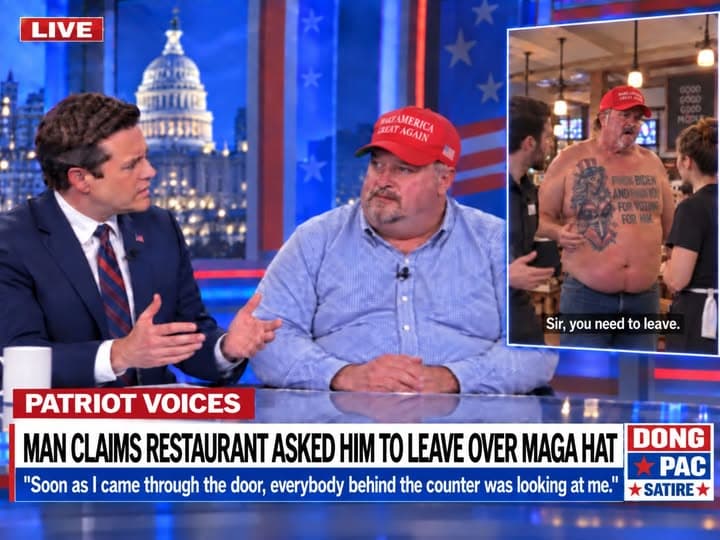 Satirical DONG PAC “Patriot Voices” interview. Headline: “Man claims restaurant asked him to leave over MAGA hat.” Quote: “Soon as I came through the door, everybody behind the counter was looking at me.” An inset shows the guest shirtless in the restaurant with a large chest tattoo and the caption “Sir, you need to leave.”