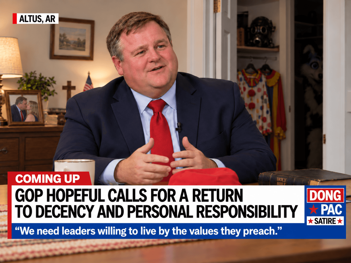 Satirical DONG PAC television interview with Randy McClintock in Altus, Arkansas. Randy wears a suit and red tie at a table with a red cap and Bible. Behind him are a framed photograph of him kissing a woman and an open closet containing costumes. Banner: ‘Coming up.’ Headline: ‘GOP hopeful calls for a return to decency and personal responsibility.’ Quote: ‘We need leaders willing to live by the values they preach.’