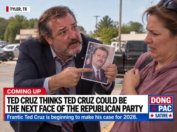 Satirical DONG PAC television graphic from Tyler, Texas, showing Ted Cruz pointing to a portrait of himself while speaking to a woman in a parking lot. Banner: ‘Coming up.’ Headline: ‘Ted Cruz thinks Ted Cruz could be the next face of the Republican Party.’ Subheading: ‘Frantic Ted Cruz is beginning to make his case for 2028.’