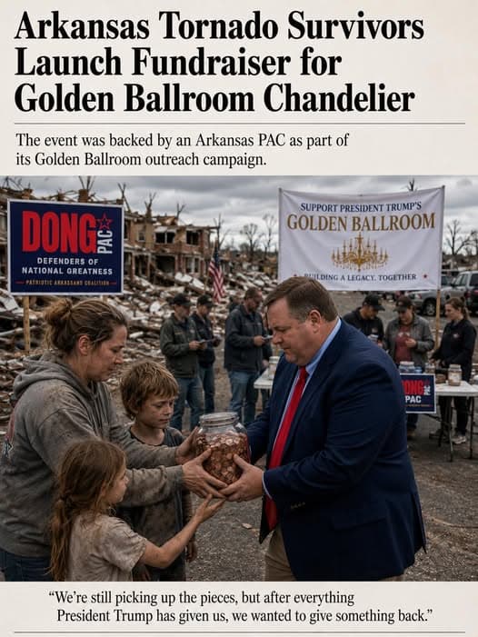 Satirical news graphic: “Arkansas Tornado Survivors Launch Fundraiser for Golden Ballroom Chandelier.” An Arkansas PAC backs the event as part of its Golden Ballroom outreach campaign. A family hands a jar of coins to a suited man amid ruined homes, beside DONG PAC and ballroom banners. Quote: “We’re still picking up the pieces, but after everything President Trump has given us, we wanted to give something back.”