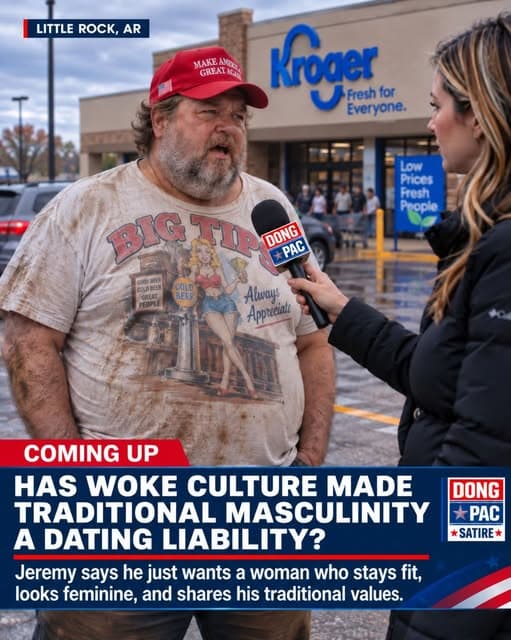 Satirical DONG PAC television report from Little Rock, Arkansas, showing a man in a MAGA hat and stained “Big Tip” T-shirt interviewed outside a Kroger. Headline: “Has woke culture made traditional masculinity a dating liability?” Subheading: “Jeremy says he just wants a woman who stays fit, looks feminine, and shares his traditional values.”