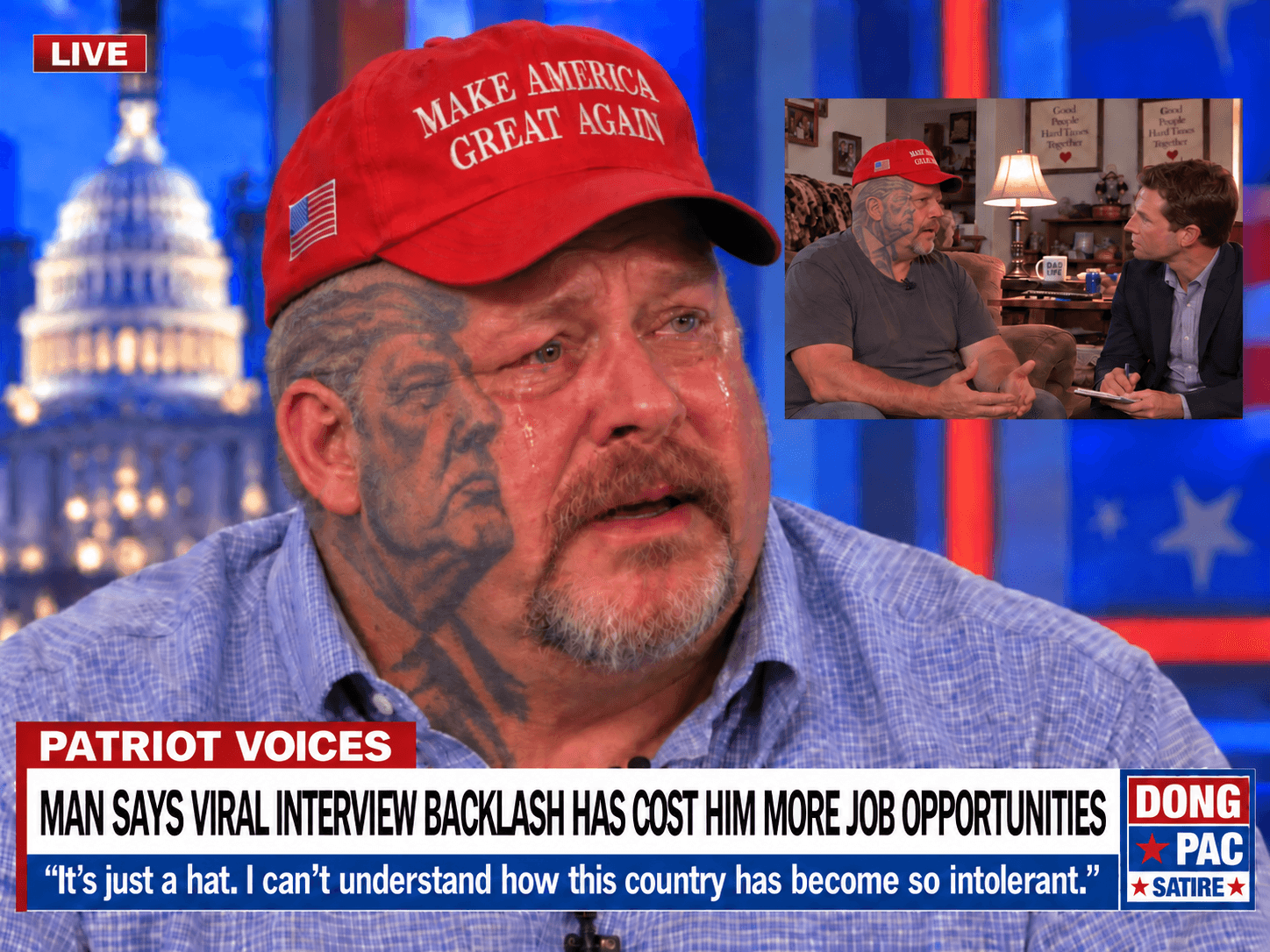 Satirical DONG PAC ‘Patriot Voices’ television graphic showing a tearful man in a MAGA hat with a large portrait tattoo on his face and neck. An inset shows his earlier interview at home. Headline: ‘Man says viral interview backlash has cost him more job opportunities.’ Quote: ‘It’s just a hat. I can’t understand how this country has become so intolerant.’